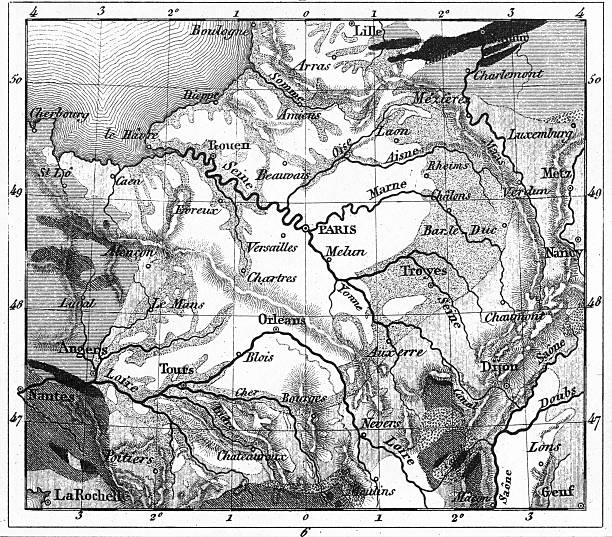 karte des tertiären basin von paris-gravur - wasserrand grafiken stock-grafiken, -clipart, -cartoons und -symbole