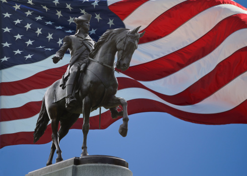 International border of Pennsylvania state textured with American flag on white background. Horizontal composition with copy space.