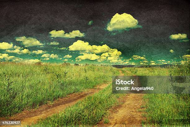 Peaceful Landscape With Country Road Retro Styled Photo Stock Photo - Download Image Now