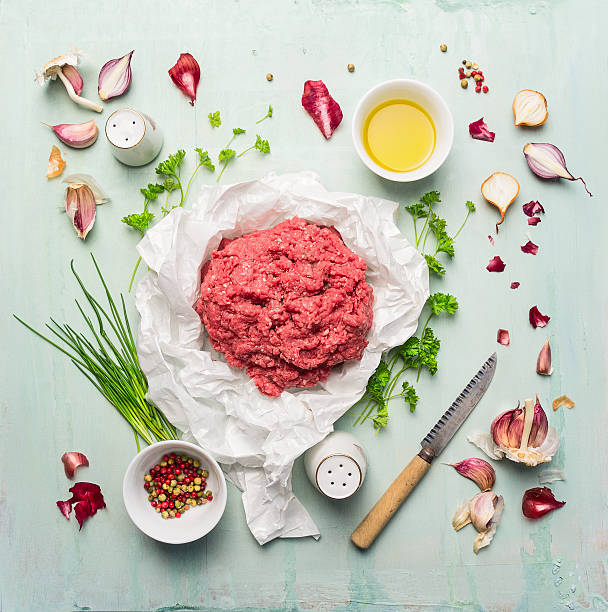 minced meat with cooking ingredients, oil, herbs and spices