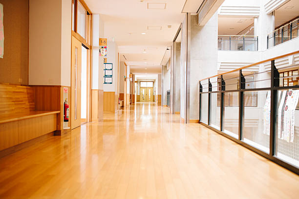 Japanese highschool. Corridor and side doors, contemporary architecture, Japan stock photo
