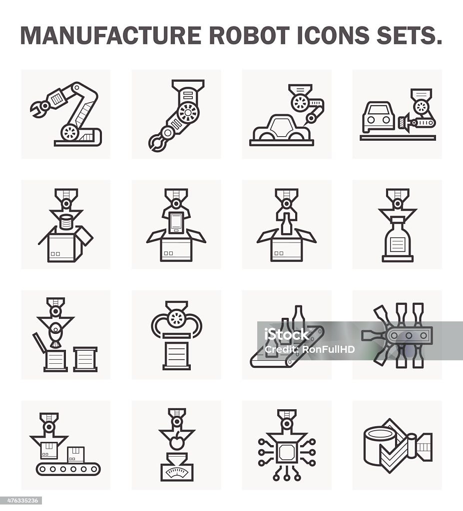 Robot Robot and conveyor belt icons sets. Icon Symbol stock vector