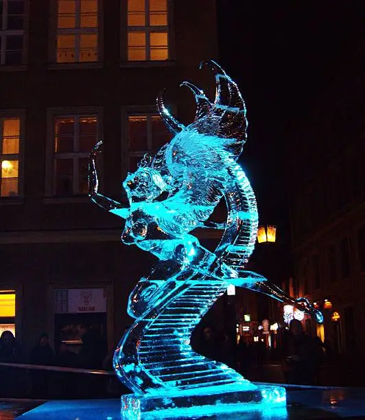 Poznan hosted an ice festival in 2008 and this is one of the beautiful sculptures created in the old town square. The ice sculptures were back-lit at night, shining bright in the crispy winter air.