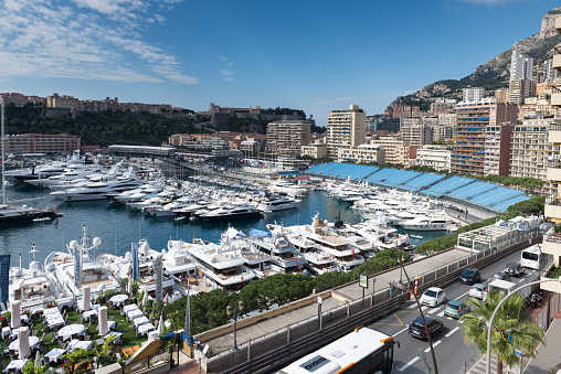 Monte Carlo, Monaco - May 20, 2015: Port Hercule in the principality of Monaco becomes a haven for super yachts in the build up to the 2015 Formula One Monaco Grand Prix.