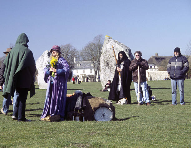Avbeury, UK - March 19 2006 : Priestess & druid at the Spring Equinox celebration at Avebury Stone Circle, Wiltshire, UK 19.03.06