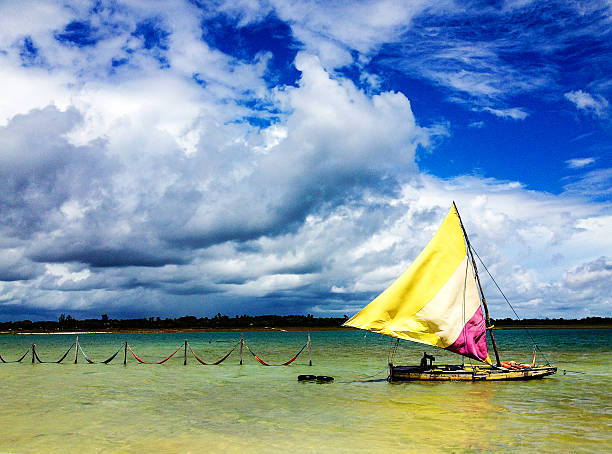 istock Beautiful landscape with little boat on blue sea. 476336488