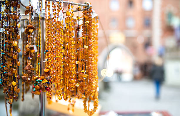 Amber beads for sale on an outdoor  in Gdansk. Poland