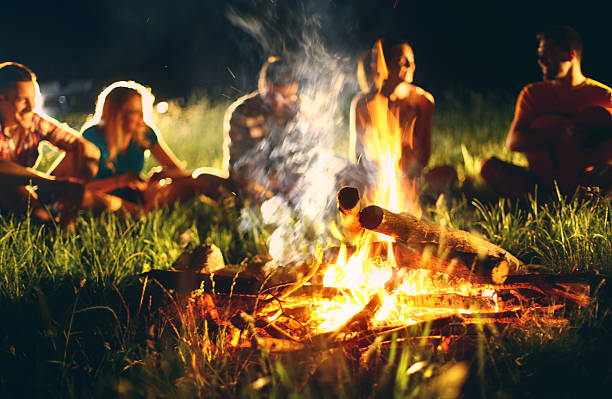 Young adults sitting around campfire. Group of young adults sitting around campfire on summer night. They are at remote place outside the city.There are three guys and two girls,laughing and having fun. The guy on the right is playing guitar. Focused on fire. Bonfire stock pictures, royalty-free photos & images