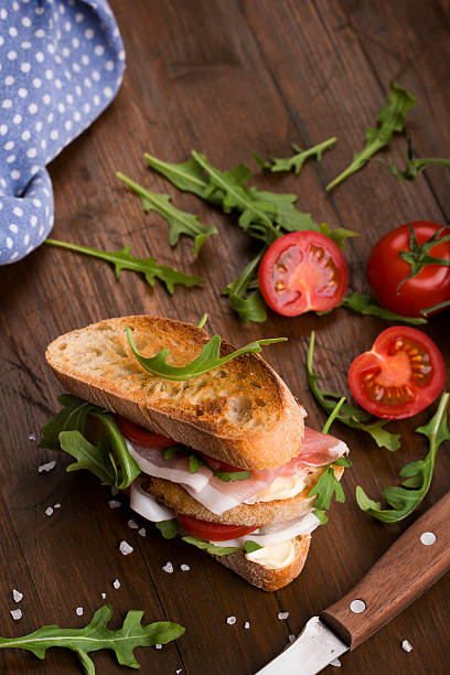 Delicious sandwich on rustic background stock photo