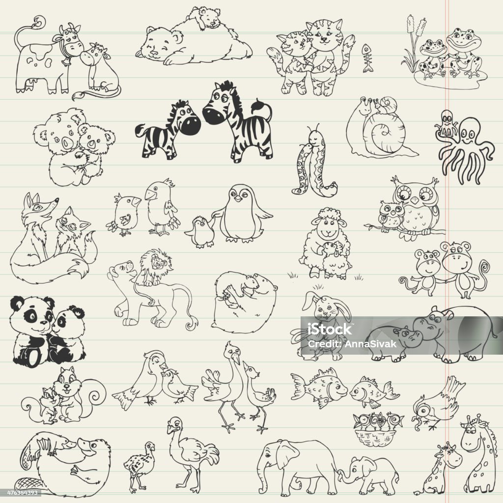 Doodled Tiere Mütter und Babys - Lizenzfrei Löwe - Großkatze Vektorgrafik