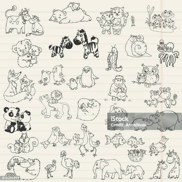 Doodled Tiere Mütter Und Babys Stock Vektor Art und mehr Bilder von Löwe - Großkatze - Löwe - Großkatze, Bär, Eule