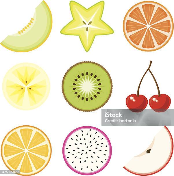 과일 아이콘 세트 슬라이스에 대한 스톡 벡터 아트 및 기타 이미지 - 슬라이스, 용과, 바나나