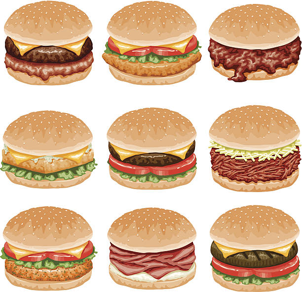 Burger Icon Set A set of burger food icons. No gradients used. meat clipart stock illustrations