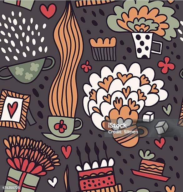 Caffè Seamless Pattern Sfondo Festa Di Tè - Immagini vettoriali stock e altre immagini di Amore - Amore, Bibita, Caffè - Bevanda