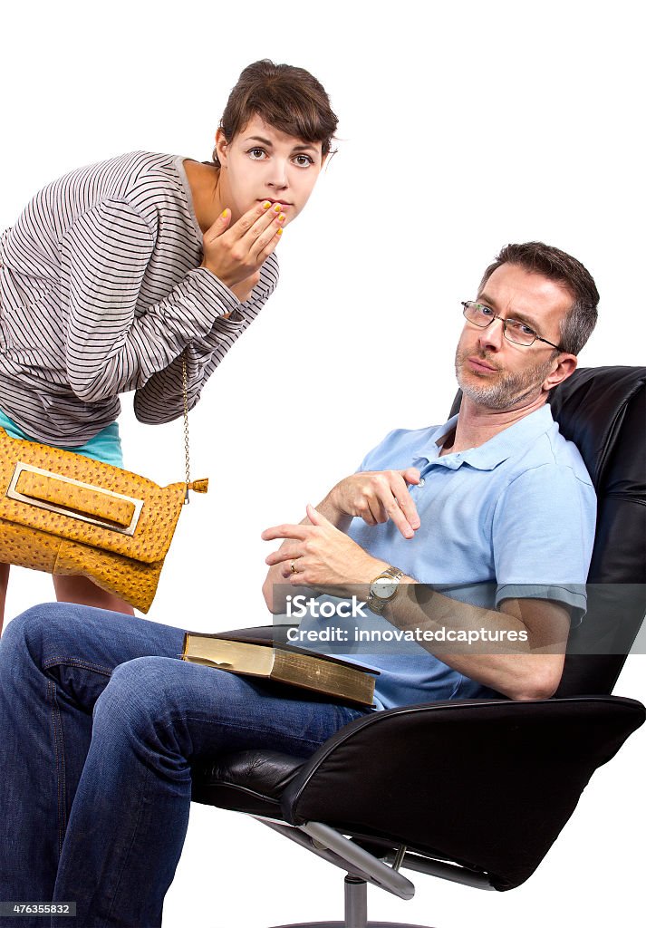 Single Dad Waiting for Daughter Single father waiting for teenage daughter after curfew.  The daughter is coming home late and the dad is tired waiting on a chair.  They are on a white background.  The image depicts problems with fatherhood or parenthood.   2015 Stock Photo