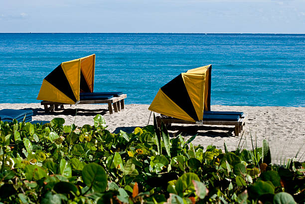 Cabanas On Beach Blue Water Green Sea Grapes stock photo