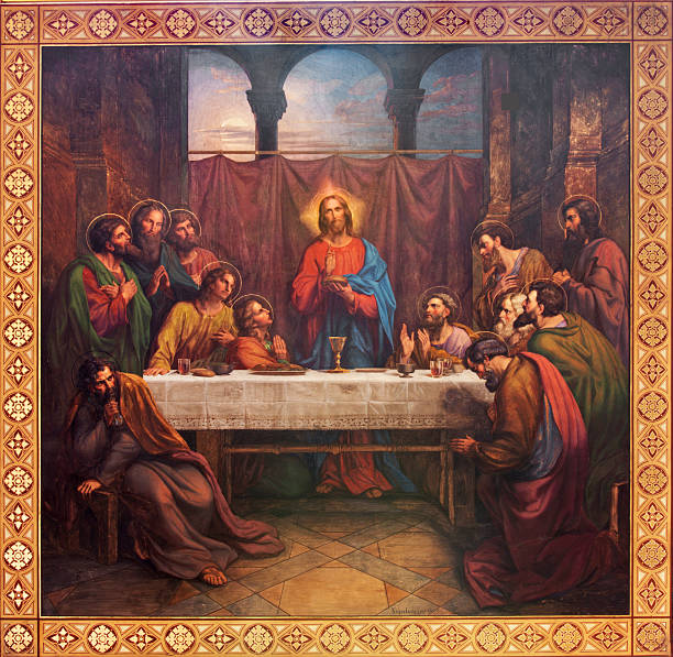 Vienna - Last supper of Christ in Altlerchenfelder church Vienna - Fresco of Last supper of Christ by Leopold Kupelwieser from 1889 in nave of Altlerchenfelder church on July 27, 2013 Vienna. last supper stock illustrations