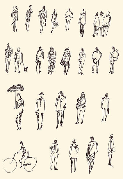 People Sketch, Vector Illustration, Hand Drawing People, man and woman and children business sketch vector illustration, silhouette walking drawings stock illustrations
