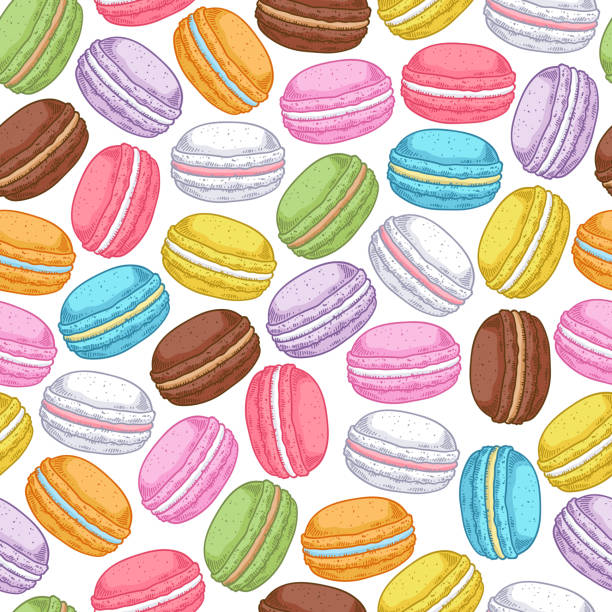 illustrations, cliparts, dessins animés et icônes de un assortiment de macarons motif sans couture - macaroon french culture dessert food