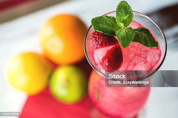 Strawberry Cocktail Decorated With Mint In Glass Selective Focus Stock Photo - Download Image Now