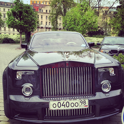 Karlovy Vary, Czech Republic -  May 5, 2015: Rolls Royce with Russian License Plate in Karlovy Vary city center, close to famous Pupp Hotel