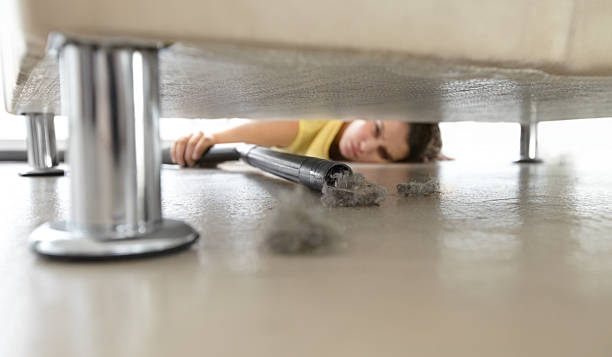 Not prepared to miss a spot! Young woman reaching under a sofa to get at some dust dusting stock pictures, royalty-free photos & images