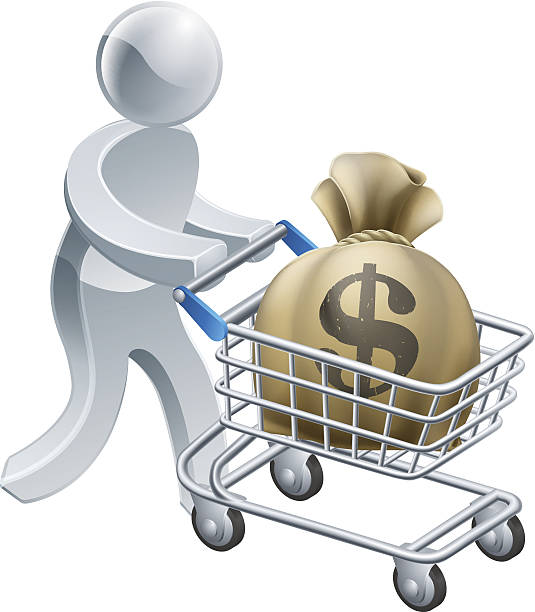 человек толкать тележки с отмыванием денег - three dimensional shape paper currency wealth shopping cart stock illustrations