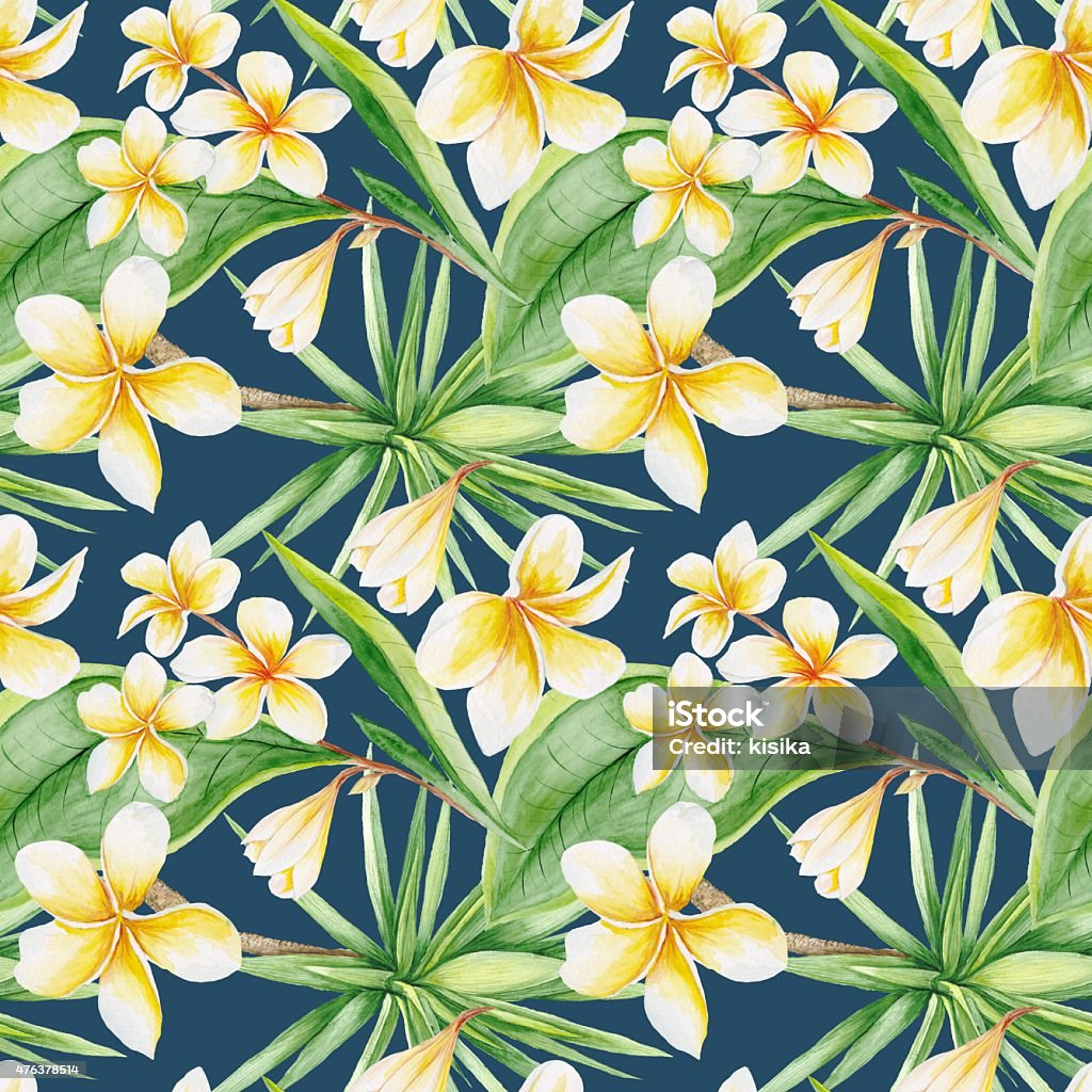 Tropical Pattern on Blue Background Hand-painted watercolor botanic illustration with plumeria flowers and yucca tree, seamless tile 2015 stock illustration