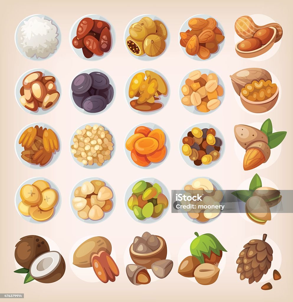 Set of colorful fruit and nuts. Colorful set of dried fruit and nuts. Top view Date - Fruit stock vector