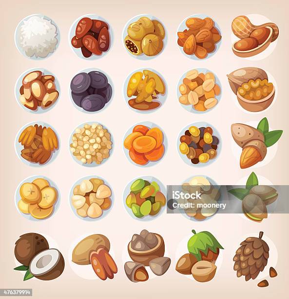 Set Of Colorful Fruit And Nuts Stock Illustration - Download Image Now - Date - Fruit, Nut - Food, Apricot