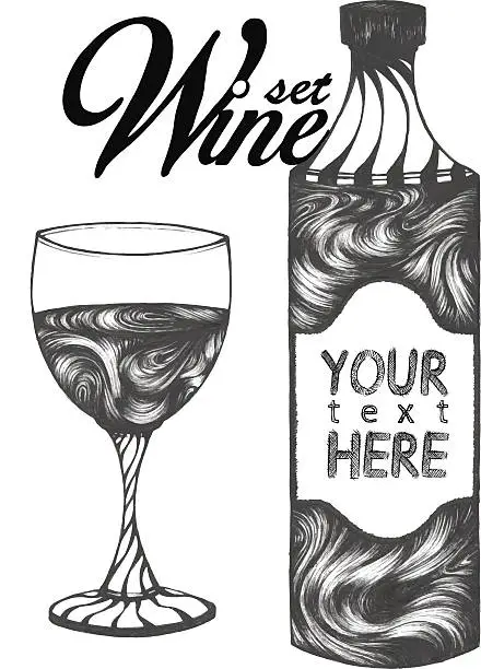 Vector illustration of Wine Bottle And Glass Hand Drawn Ink Vector Illustration