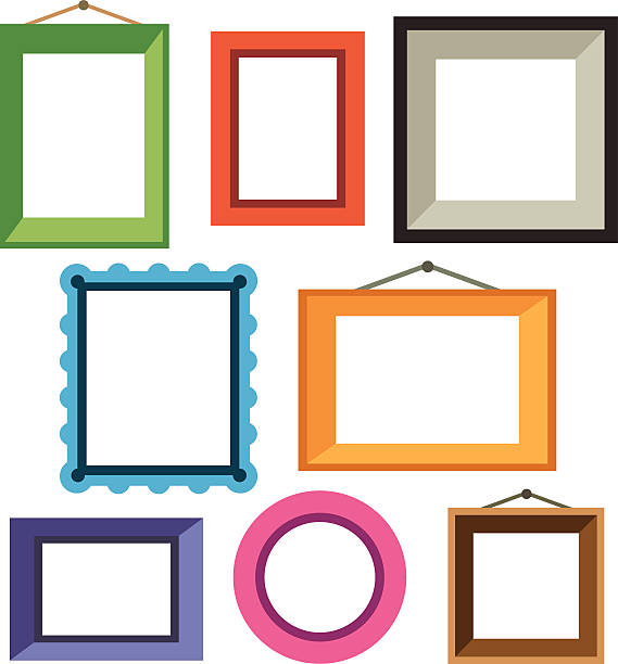 Vector set of different colorful photo frames Vector set of different colorful photo frames in flat style: green, red, blue, orange, pink.Vector flat illustrations art museum illustrations stock illustrations