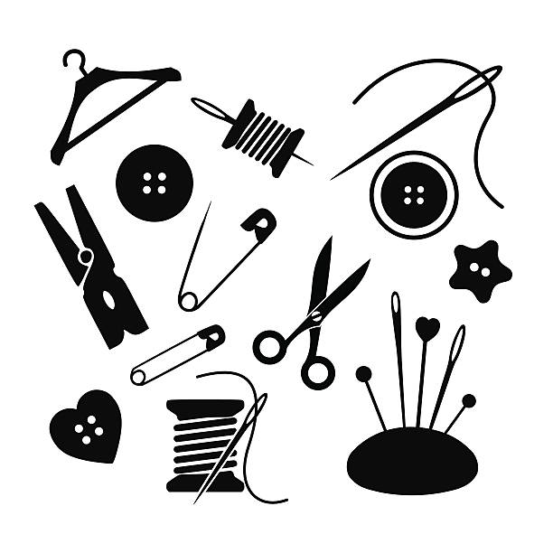 ilustraciones, imágenes clip art, dibujos animados e iconos de stock de icono vector ilustración conjunto de coser - thread needle sewing isolated