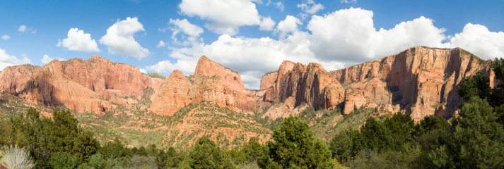 Panoramic view in the Kolob Canyons District of Utah's Zion National Park including Timber Top Mountain, Horse Ranch Mountain, Pariah Point, Beatty Point, and Nagunt Mesa.