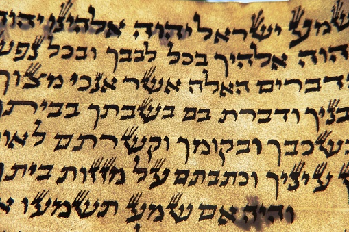 Sacred text of Mezuzah. Written by hand on parchment and mounted in a special case near the door to protect the home.