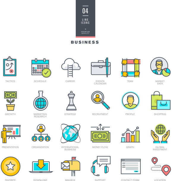 набор линии современный цвет иконки для бизнеса - web page internet profile e mail stock illustrations