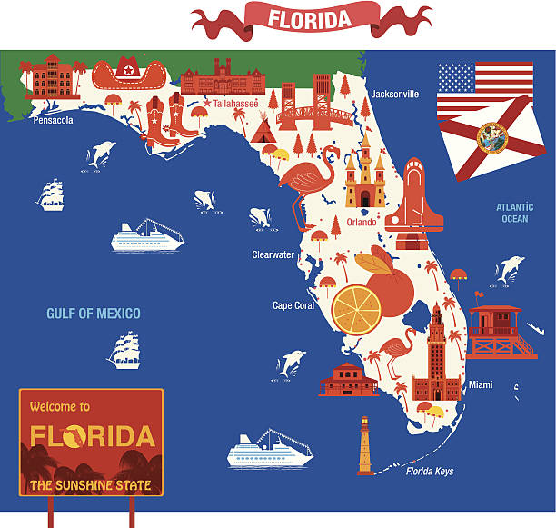 мультяшный карта флорида - florida cartography map florida keys stock illustrations