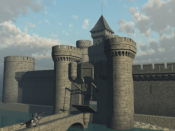 knight approaching castle gate - ophaalbrug stockfoto's en -beelden