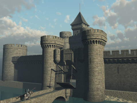 Castle drawbridge being lowered and portcullis raised to admit returning armoured knight on warhorse