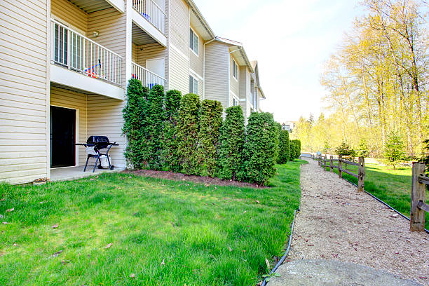 istock Backyard patio area. Residential community house. 476390909