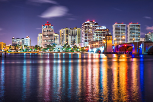 West Palm Beach, Florida nighttime skyline.