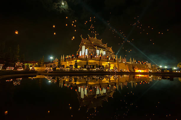 Floating Lantern Celebration in Ho kham luang Royal Park Floating Lantern Celebration in Ho kham luang Royal Park Rajapruek, Chiangmai,Thailand krathong stock pictures, royalty-free photos & images