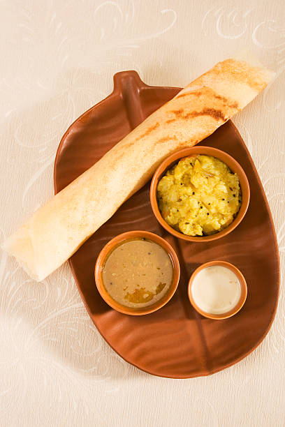 Masala Sin Masala Dosa with Chutney and Sambar, Indian Food thosai stock pictures, royalty-free photos & images