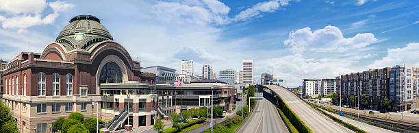 Freeways to City of Tacoma Washington Freeways to City of Tacoma Washington with Union Station Federal Courthouse with Blue Sky and Clouds Panorama tacoma stock pictures, royalty-free photos & images