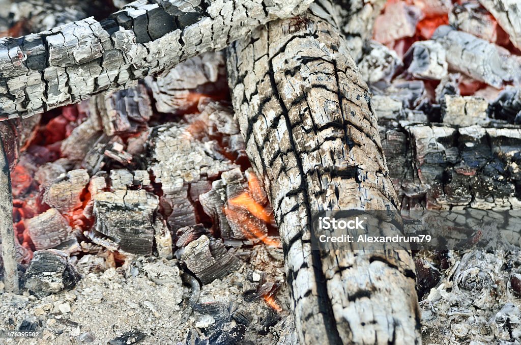 Charred wood burning down in the fire glow, close-up 2015 Stock Photo