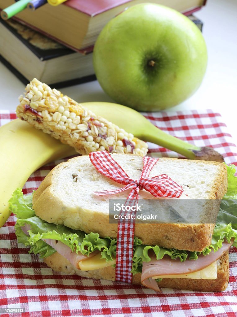 sandwich with ham, apple, banana and granola bar sandwich with ham, apple, banana and granola bar - healthy eating, school lunch 7-Grain Bread Stock Photo