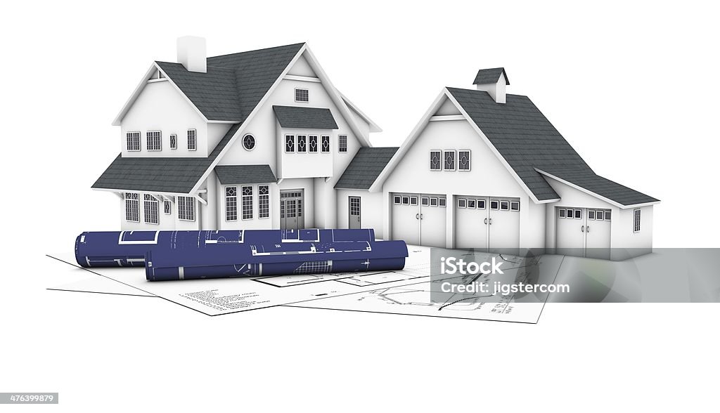 House in 3D Plans and blueprints A House in 3D with Plans and blueprints rendered CGI Architecture Stock Photo