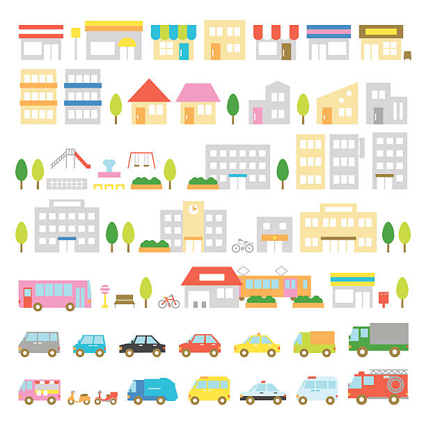 ilustraciones, imágenes clip art, dibujos animados e iconos de stock de icono de las casas de la ciudad, tiendas de vehículos - patio fountain illustrations