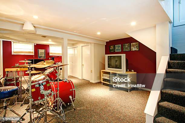 White And Red Rehearsal Basement Room Stock Photo - Download Image Now - Carpet - Decor, Ceiling, Domestic Room