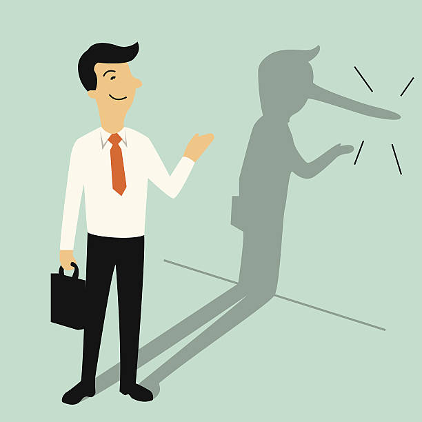 Lying businessman Smiling businessman with shadow of his long nose, metaphor to Pinocchio who is actually liar. Business concept in lair or lying businessman. pinocchio illustrations stock illustrations